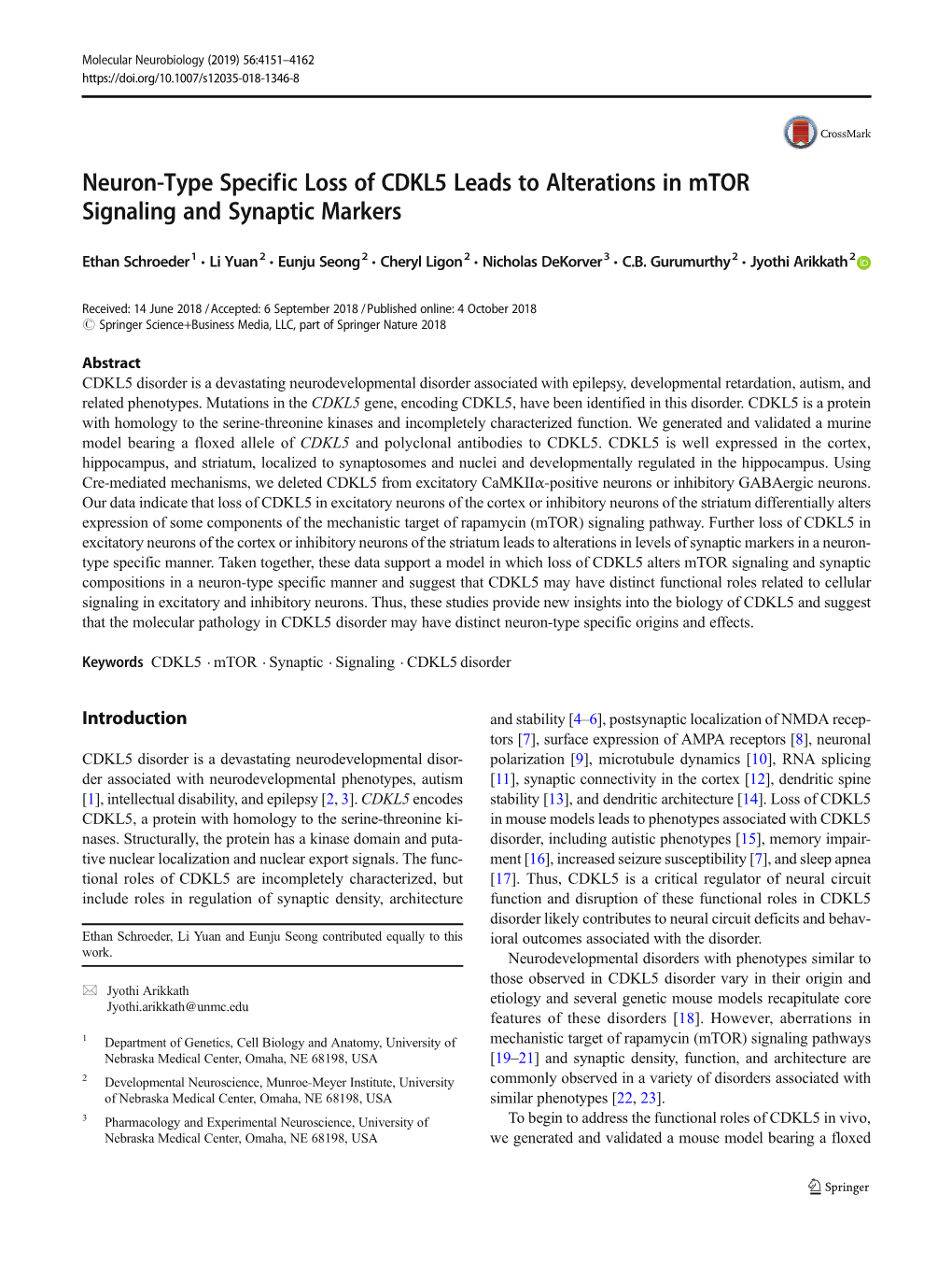 Neuron-Type Specific Loss of CDKL5 Leads to Alterations in Mtor Signaling and Synaptic Markers