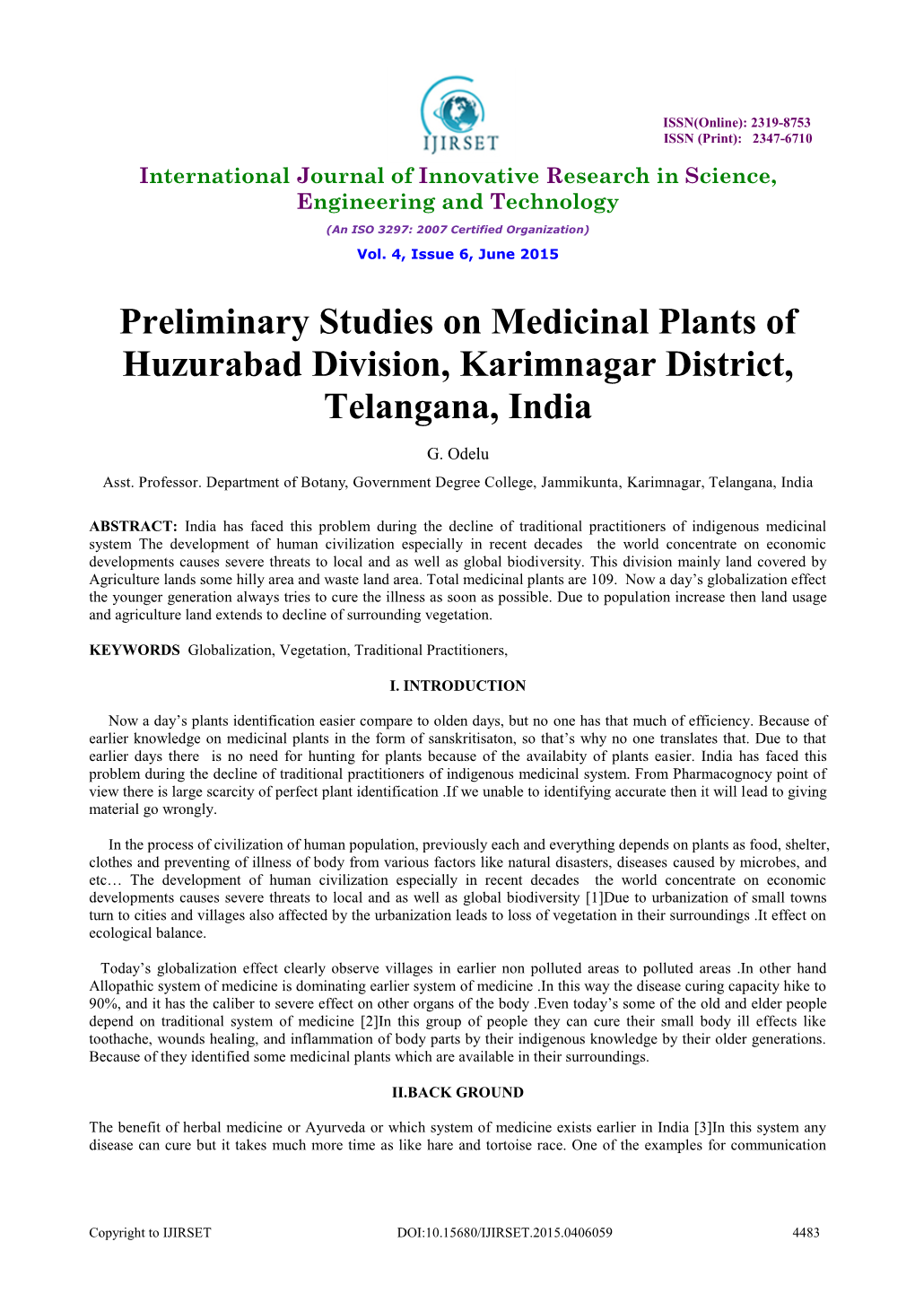 Preliminary Studies on Medicinal Plants of Huzurabad Division, Karimnagar District, Telangana, India