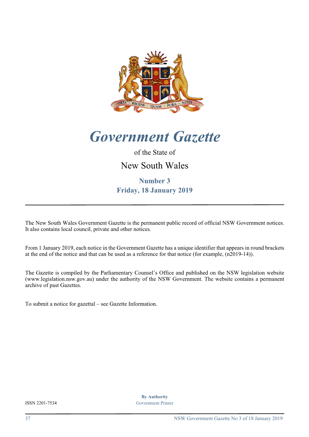 Government Gazette No 3 of Friday 18 January 2019