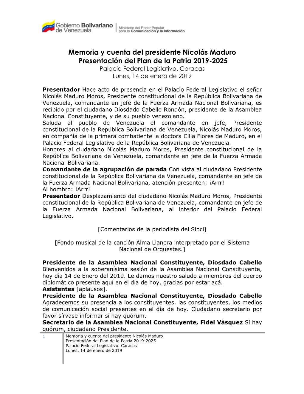 Memoria Y Cuenta Del Presidente Nicolás Maduro Presentación Del Plan De La Patria 2019-2025 Palacio Federal Legislativo