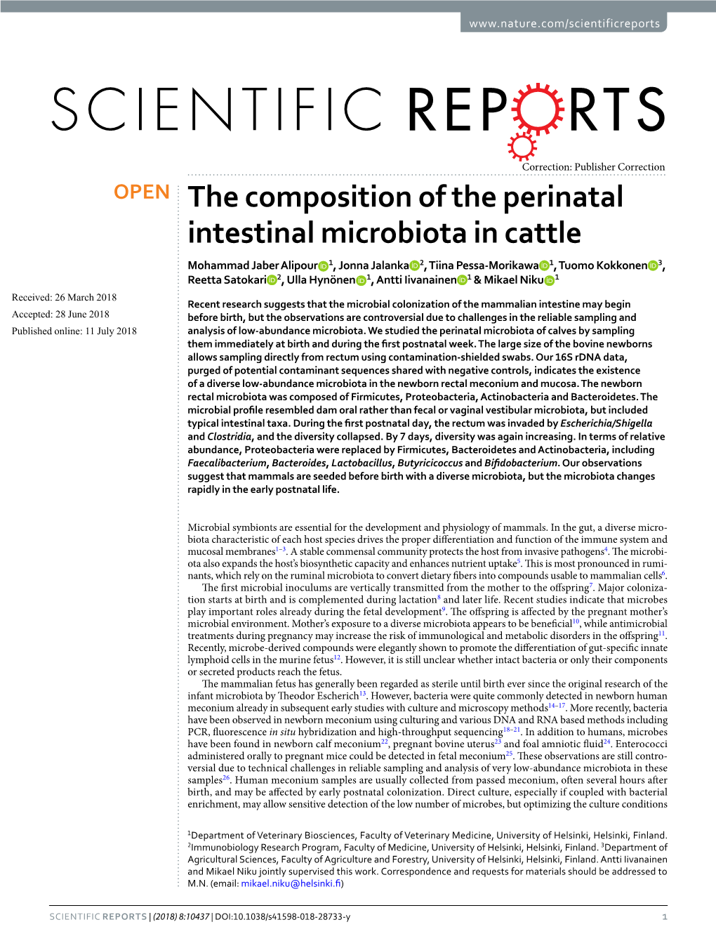 The Composition of the Perinatal Intestinal Microbiota in Cattle