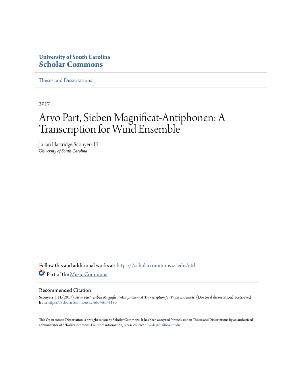 Arvo Part, Sieben Magnificat-Antiphonen: a Transcription for Wind Ensemble Julian Hartridge Sconyers III University of South Carolina