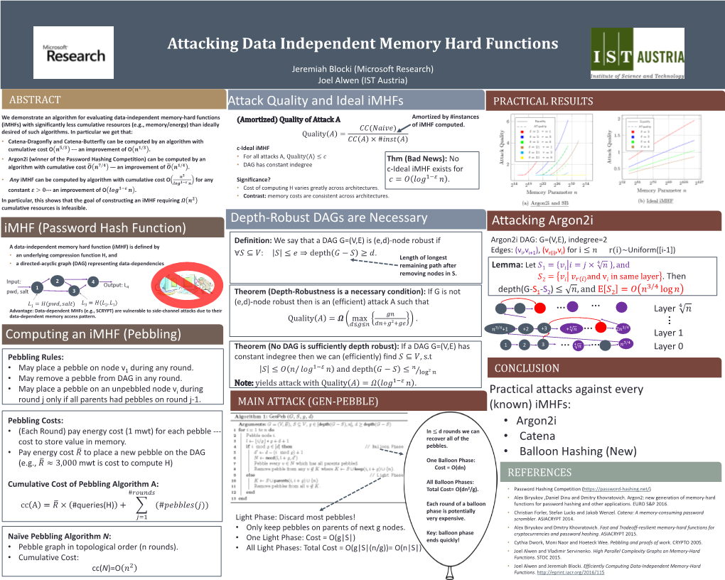 Attacking Data Independent Memory Hard Functions Printing: Jeremiah Blocki (Microsoft Research) Joel Alwen (IST Austria) This Poster Is 48” Wide by 36” High