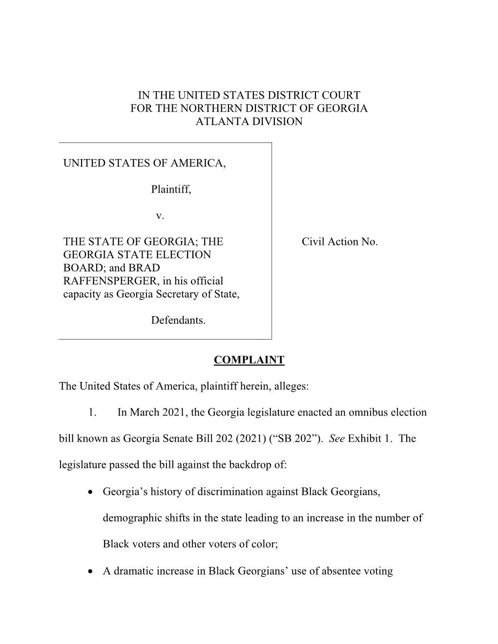 IN the UNITED STATES DISTRICT COURT for the NORTHERN DISTRICT of GEORGIA ATLANTA DIVISION UNITED STATES of AMERICA, Plaintiff, V