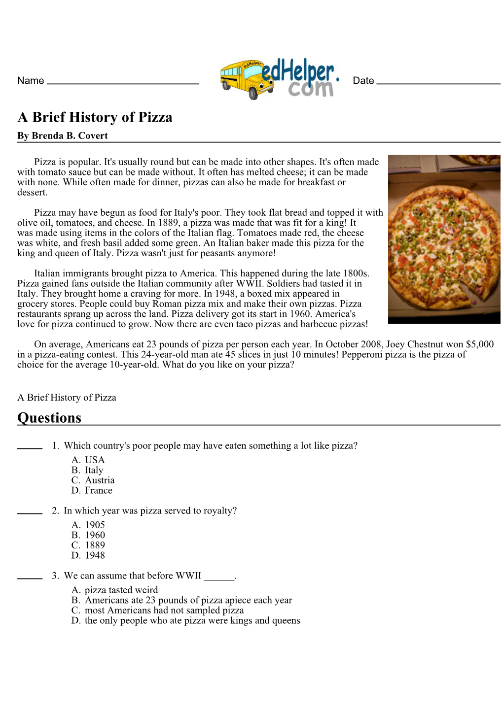 A Brief History of Pizza Questions