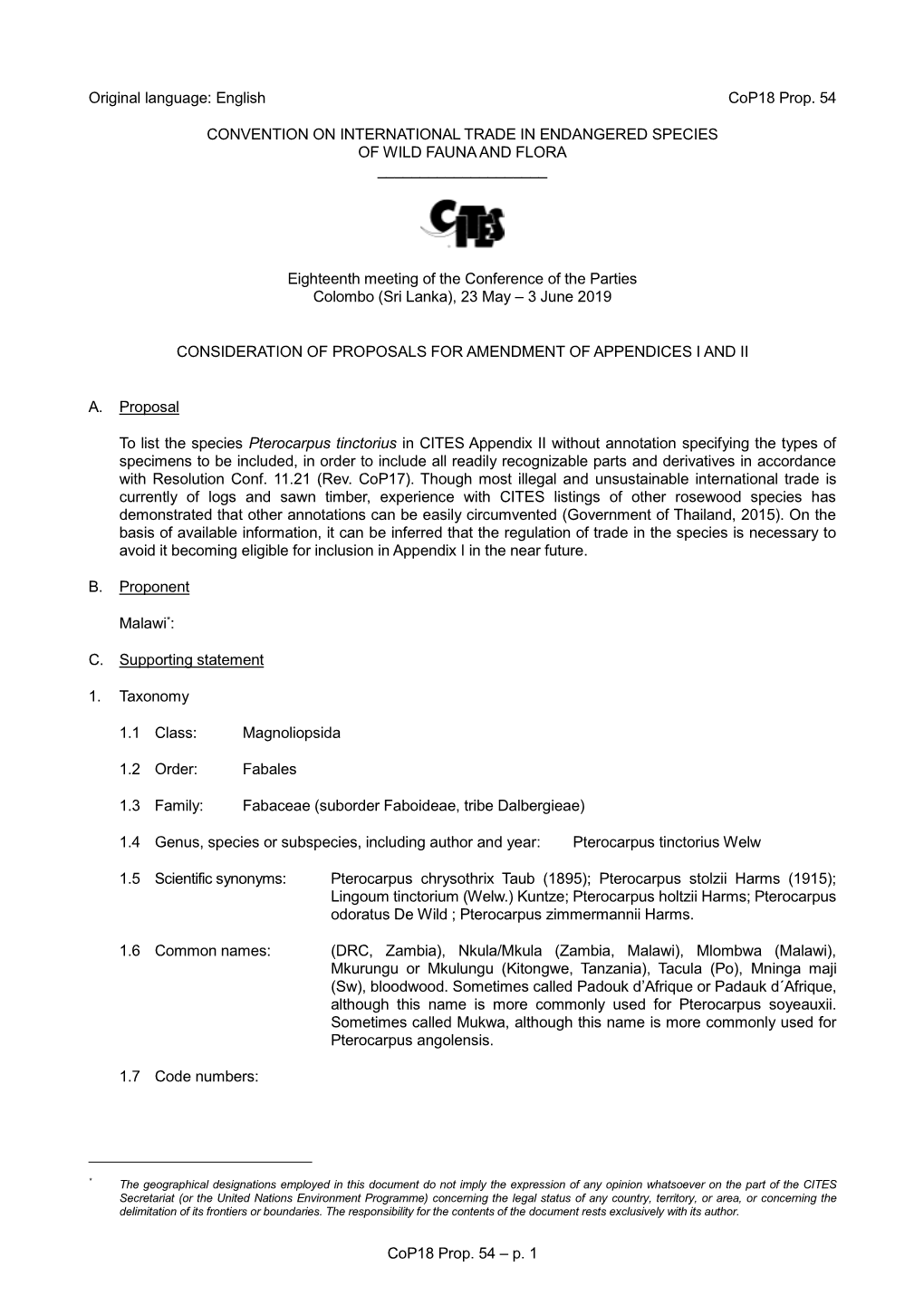 English Cop18 Prop. 54 CONVENTION on INTERNATIONAL TRADE in ENDANGERED SPECIES OF