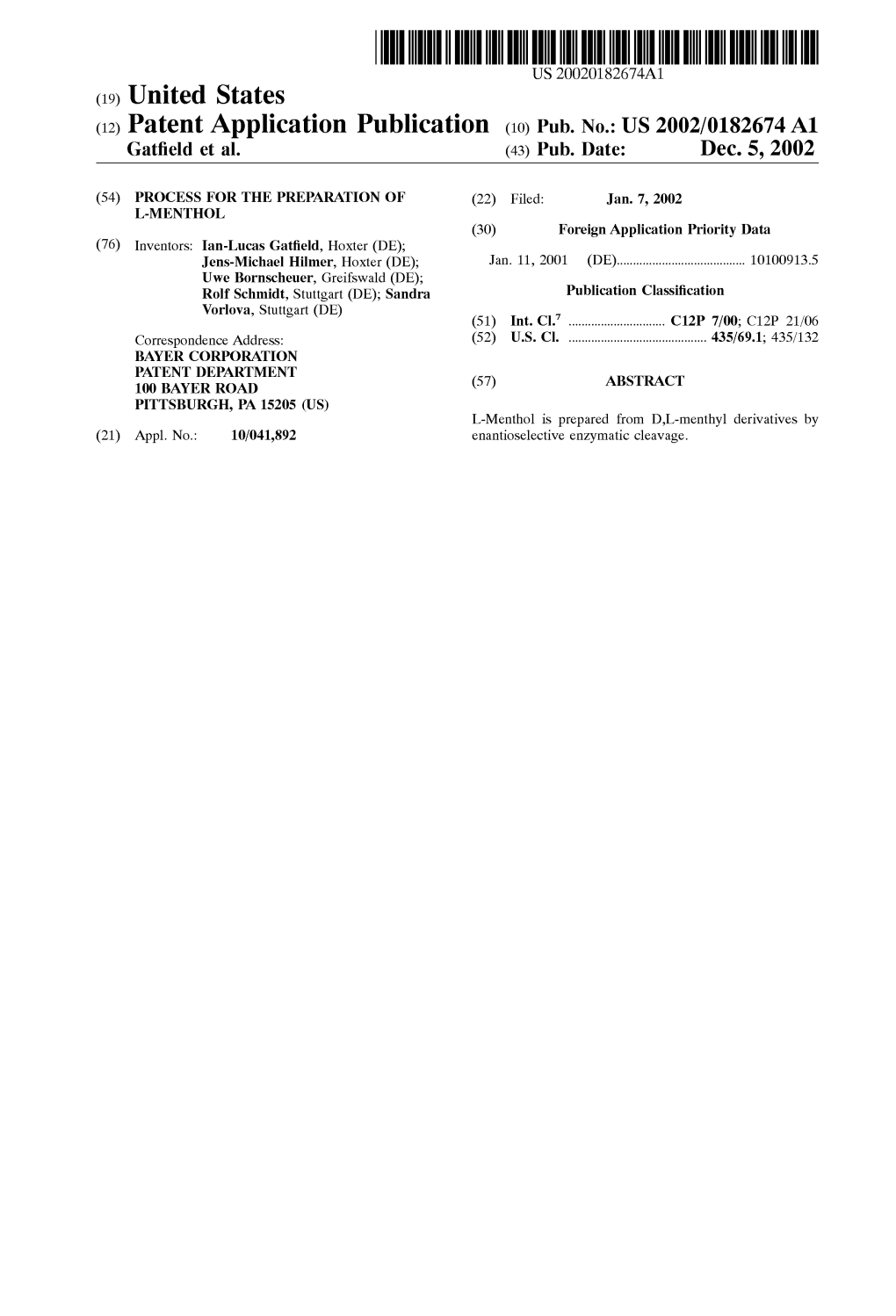 (12) Patent Application Publication (10) Pub. No.: US 2002/0182674 A1 Gatfield Et Al