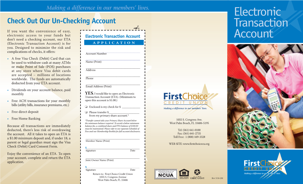 Electronic Transaction Account Account Don’T Need a Checking Account, Our ETA (Electronic Transaction Account) Is for APPLICATION You