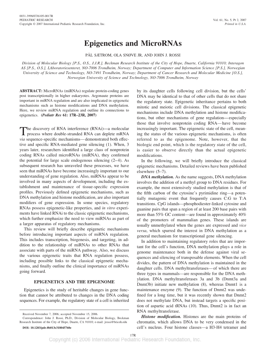 Epigenetics and Micrornas