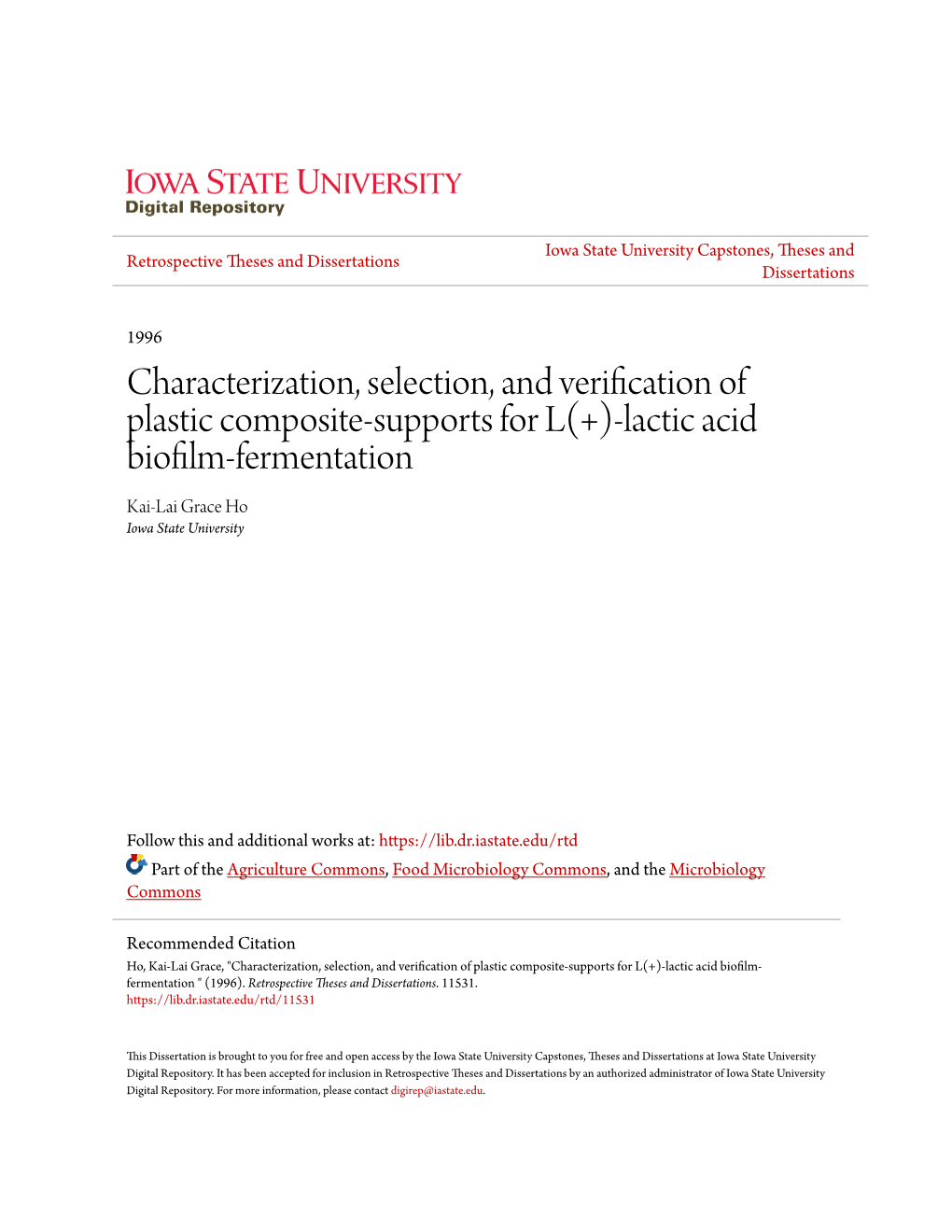 Lactic Acid Biofilm-Fermentation Kai-Lai Grace Ho Iowa State University