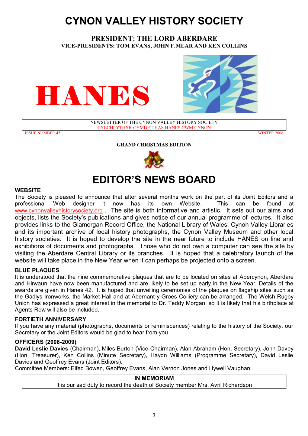 Cynon Valley History Society Editor's News Board
