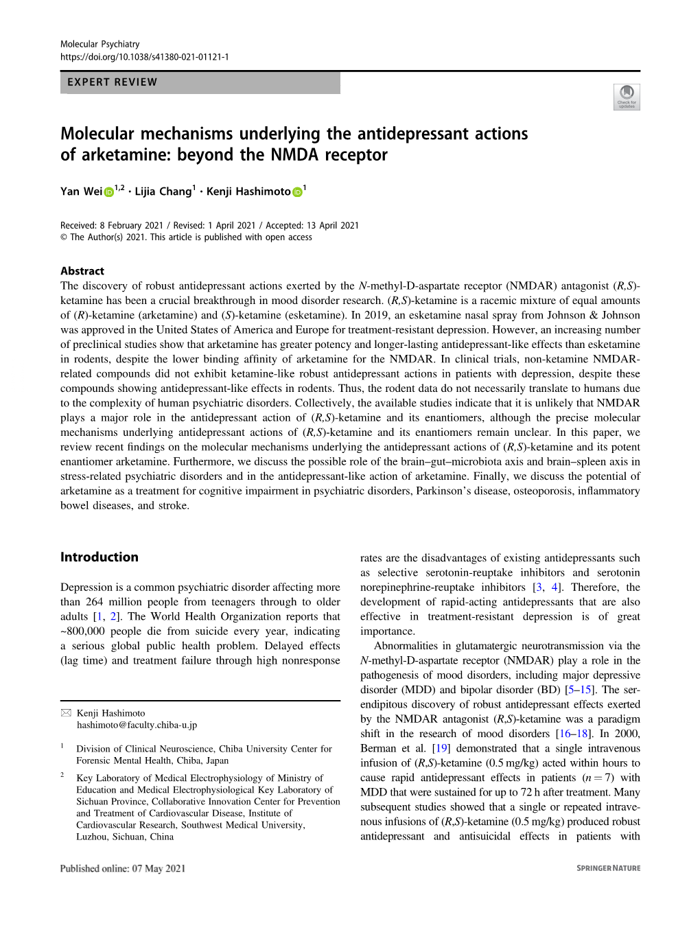 Molecular Mechanisms Underlying the Antidepressant Actions of Arketamine: Beyond the NMDA Receptor