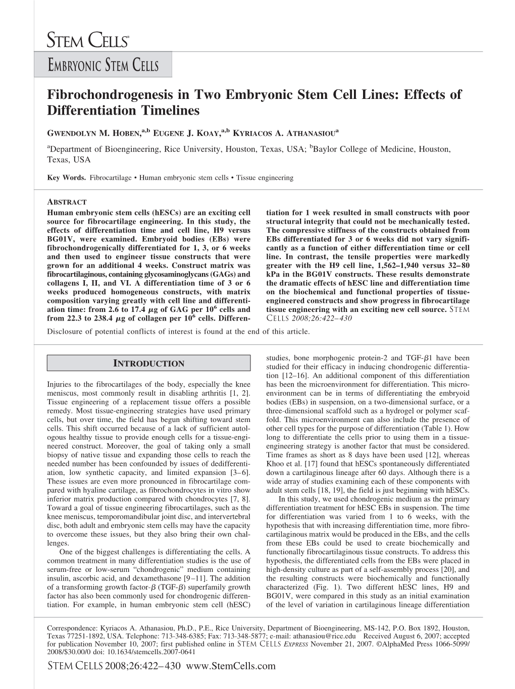 Fibrochondrogenesis in Two Embryonic Stem Cell Lines: Effects of Differentiation Timelines