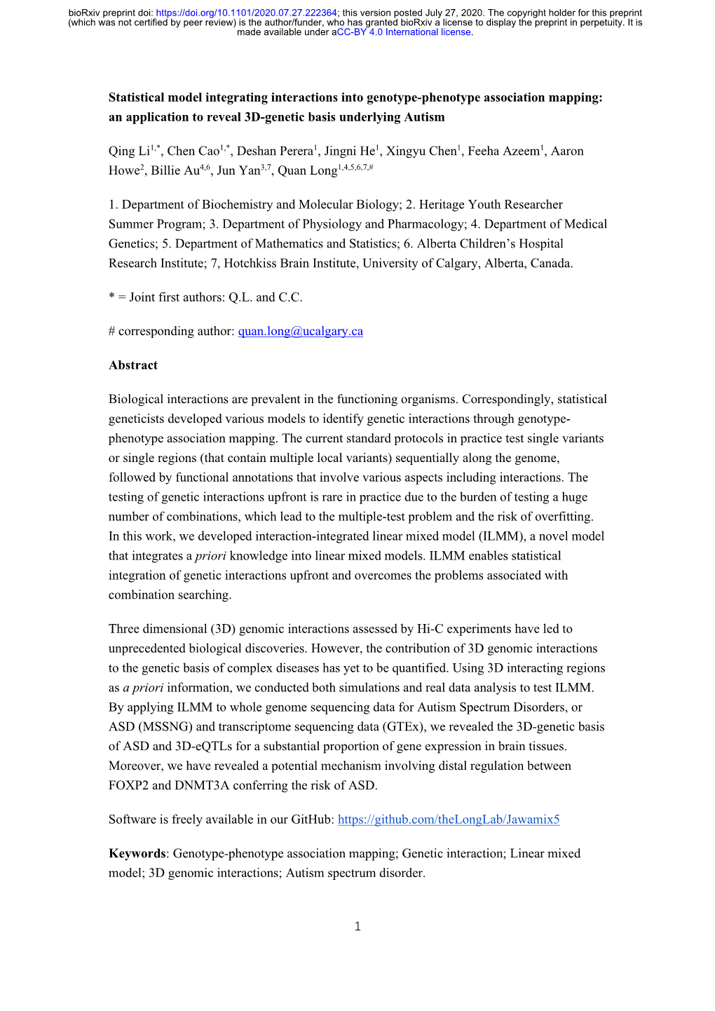 Statistical Model Integrating Interactions Into Genotype-Phenotype Association Mapping: an Application to Reveal 3D-Genetic Basis Underlying Autism