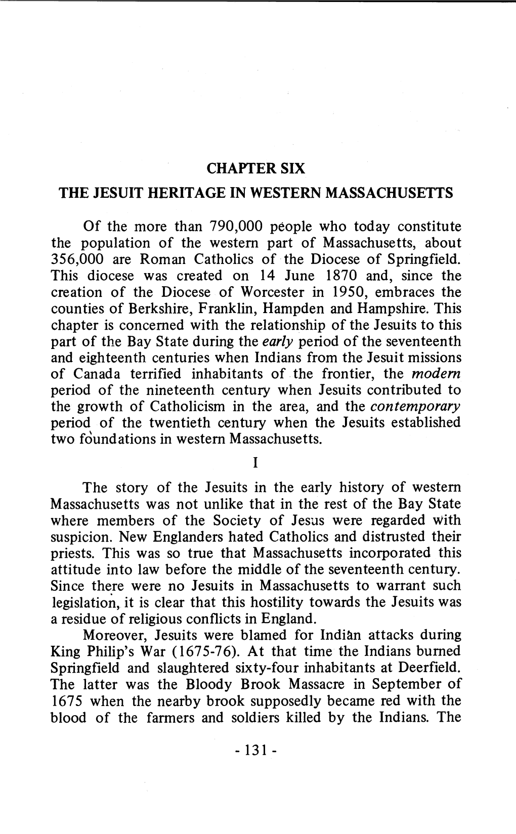 Chapter Six the Jesuit Heritage in Western Massachusetts