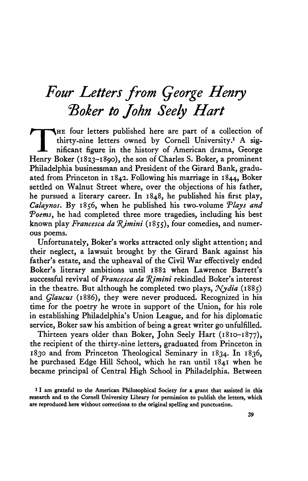 Four Letters from Qeorge Henry Boker to John Seely Hart