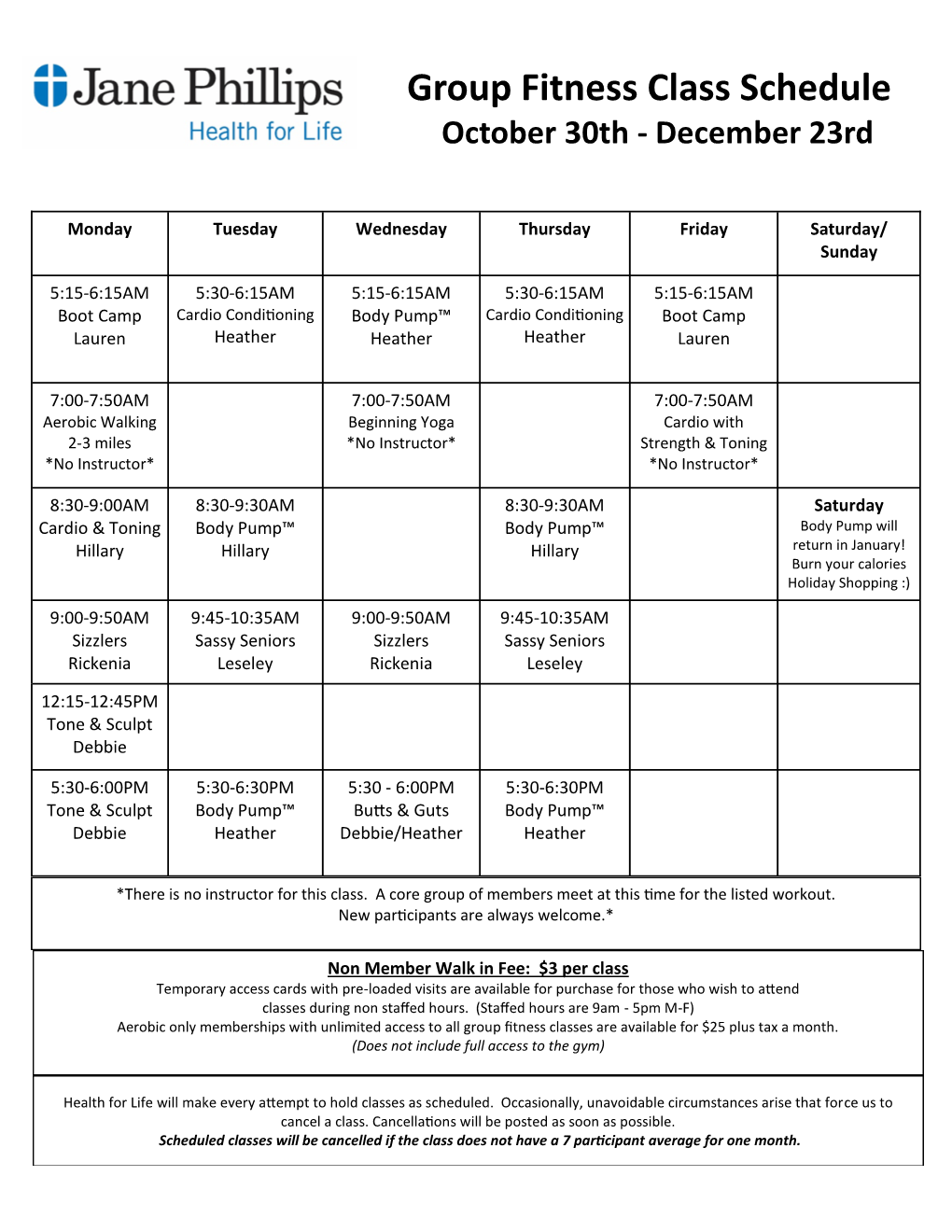 Group Fitness Class Schedule October 30Th - December 23Rd