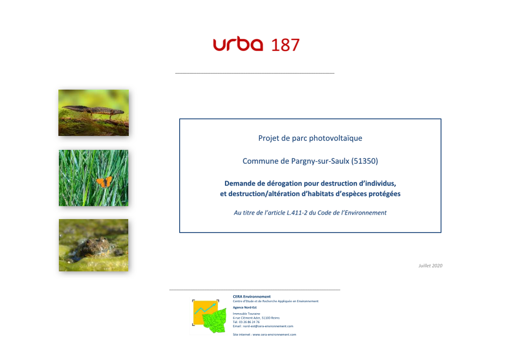 Projet De Parc Photovoltaïque De Pargny-Sur-Saulx (51) Demande De Dérogation Espèces Protégées
