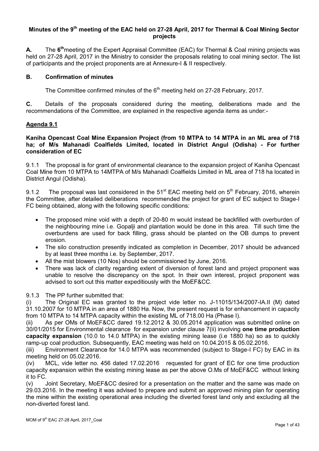 Minutes of the 9Th Meeting of the EAC Held on 27-28 April, 2017 for Thermal & Coal Mining Sector Projects A. the 6Thmeeting