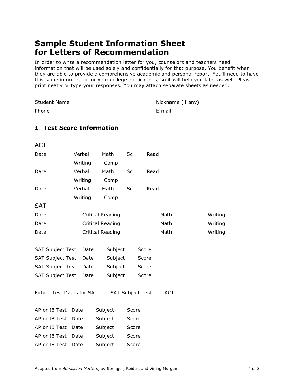 Sample Student Information Sheet