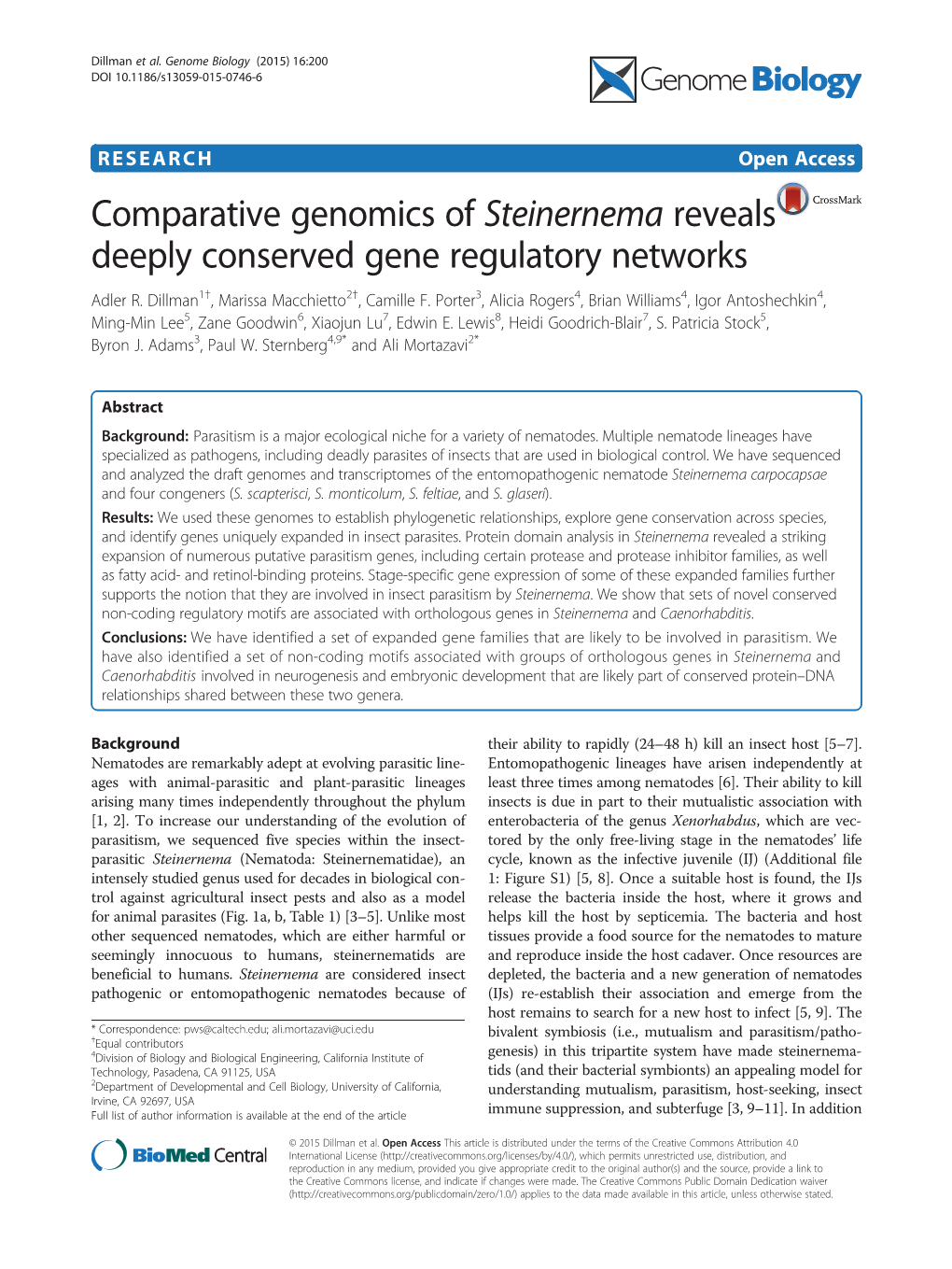 Comparative Genomics of Steinernema Reveals Deeply Conserved Gene Regulatory Networks Adler R