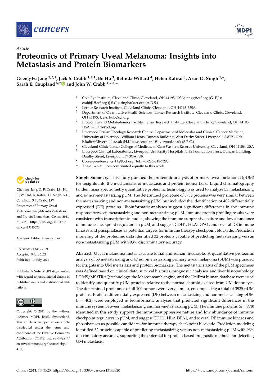 Proteomics of Primary Uveal Melanoma: Insights Into Metastasis and Protein Biomarkers