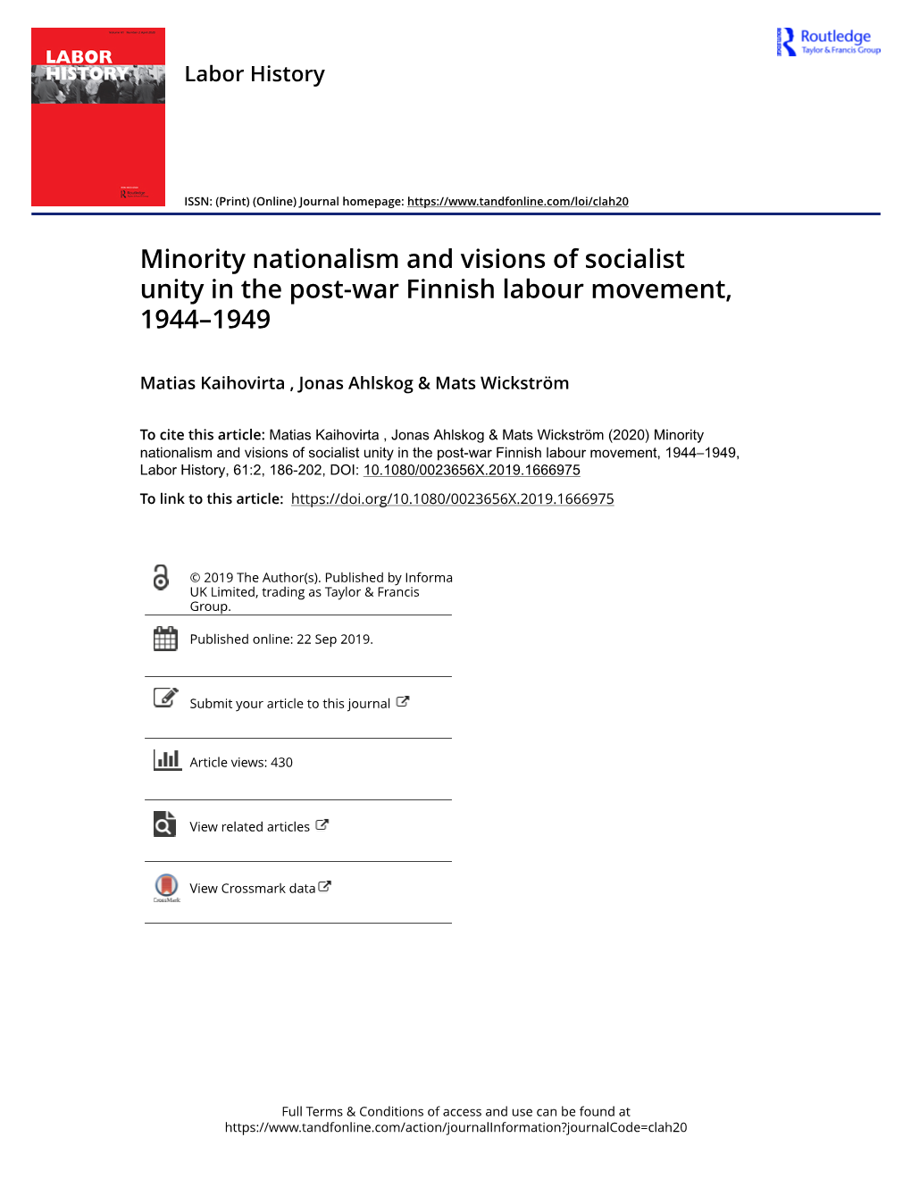 Minority Nationalism and Visions of Socialist Unity in the Post-War Finnish Labour Movement, 1944–1949