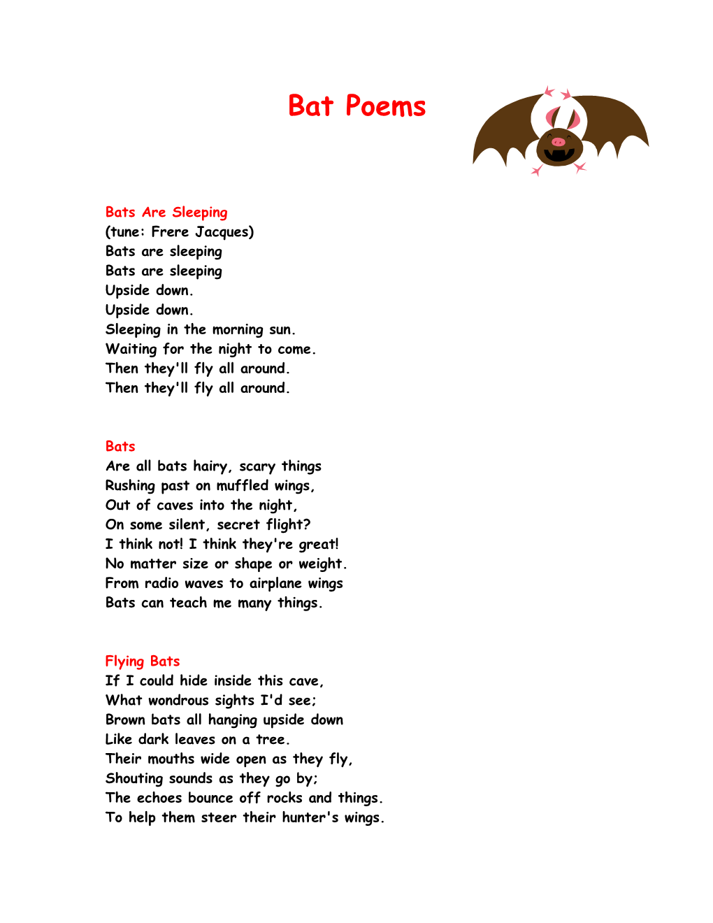 Bats Are Sleeping (Tune: Frere Jacques)