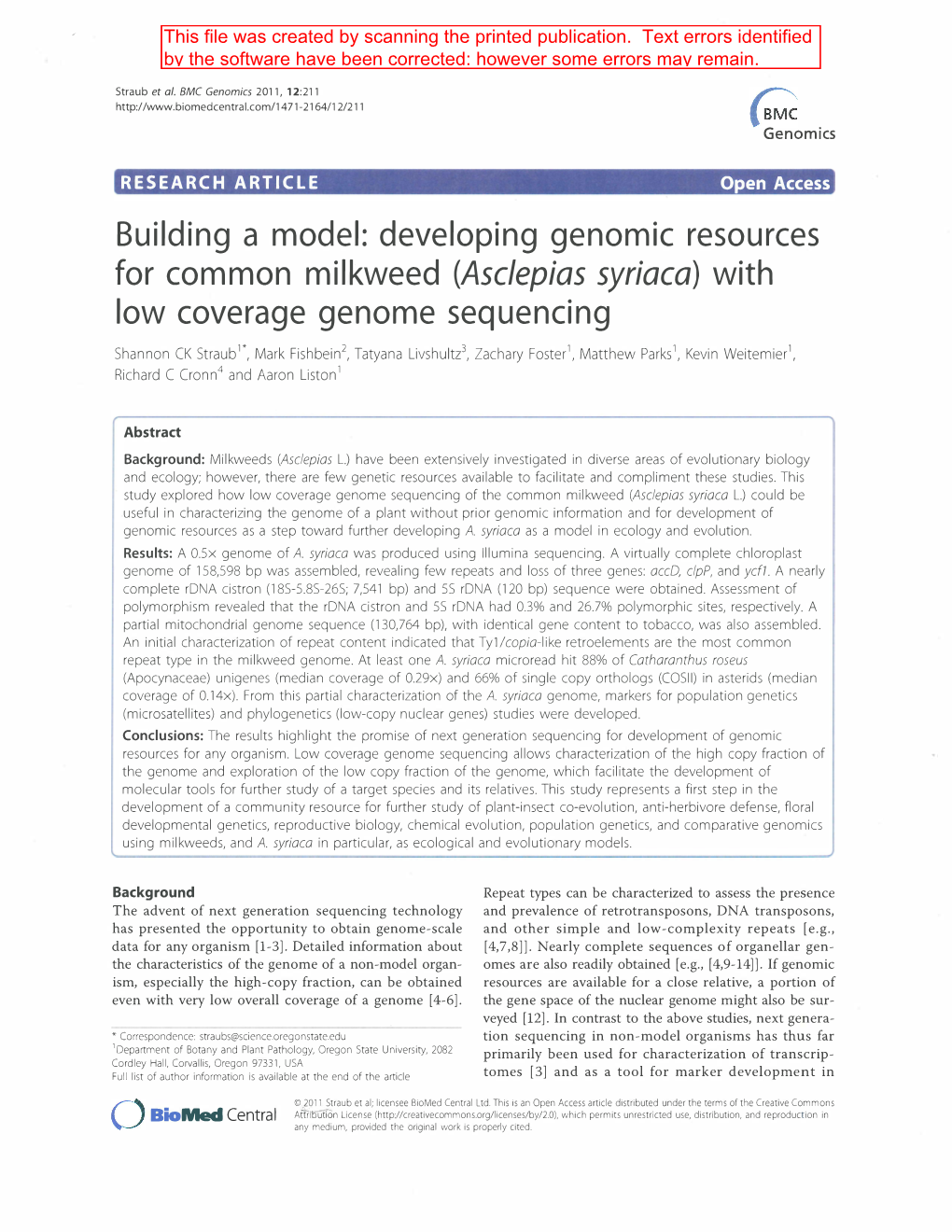 (Asclepias Syriaca) with Low Coverage Genome Sequencing