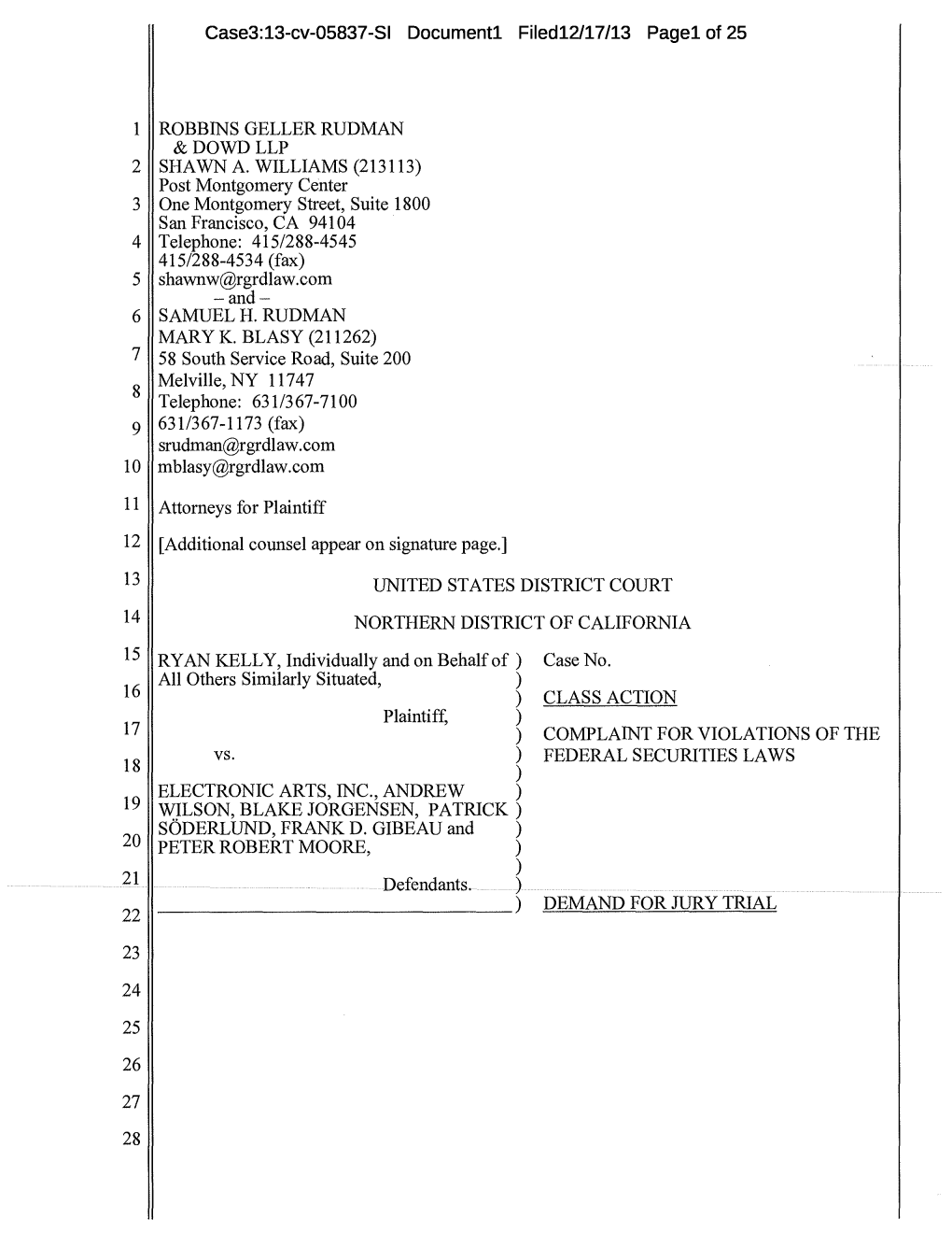 Ryan Kelly, Et Al. V. Electronic Arts, Inc., Et Al. 13-CV-05837-Complaint