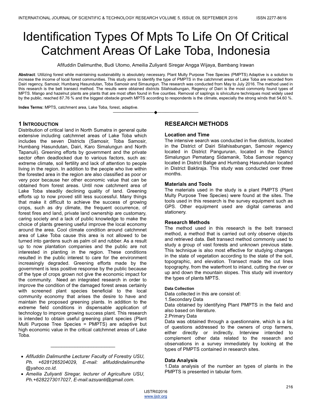 Identification Types of Mpts to Life on of Critical Catchment Areas of Lake Toba, Indonesia