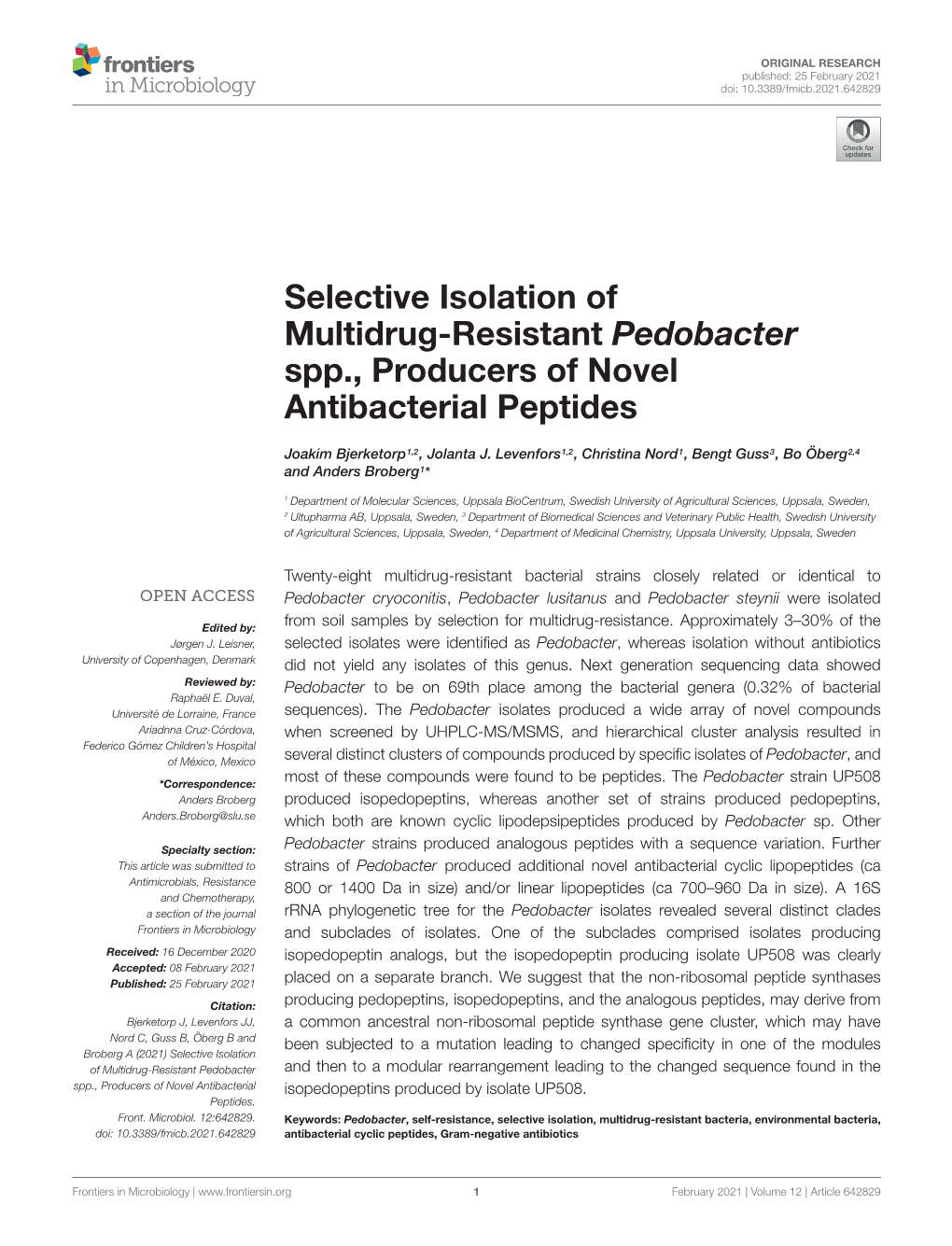 Selective Isolation of Multidrug-Resistant Pedobacter Spp., Producers of Novel Antibacterial Peptides