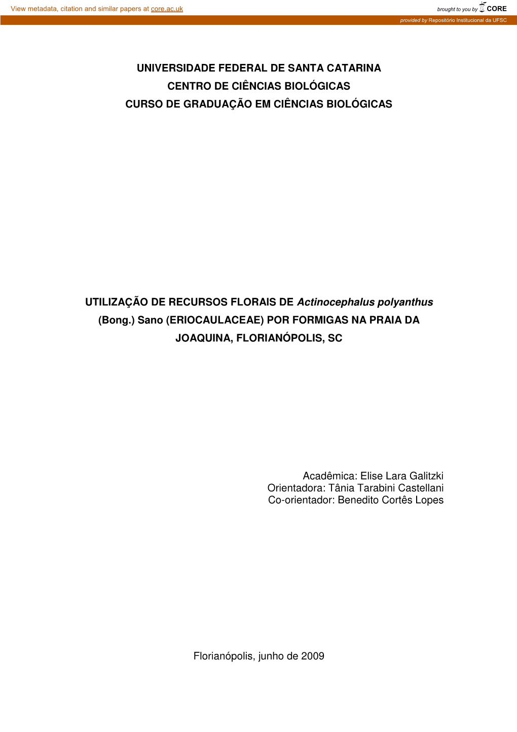 Universidade Federal De Santa Catarina Centro De Ciências Biológicas Curso De Graduação Em Ciências Biológicas