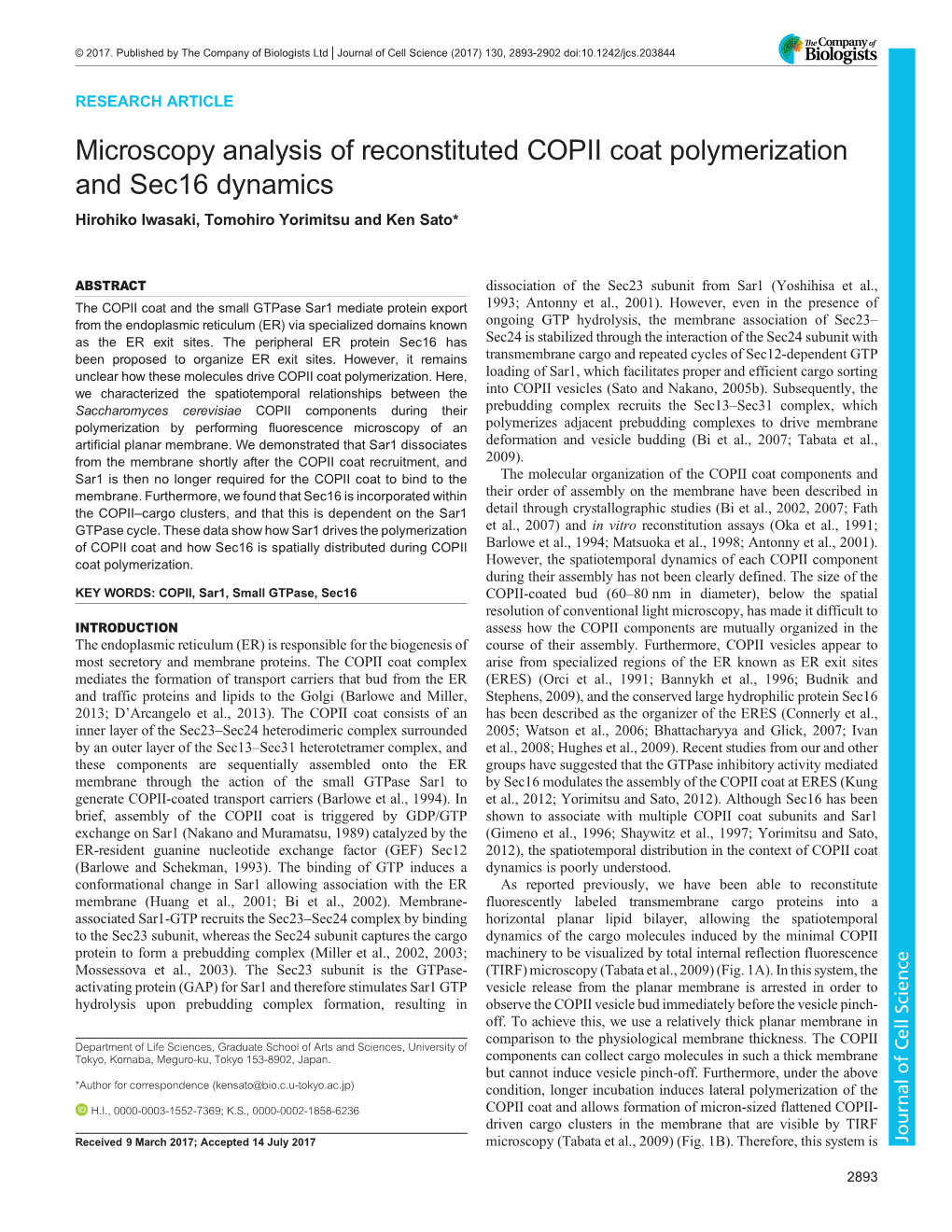 Microscopy Analysis of Reconstituted COPII Coat Polymerization and Sec16 Dynamics Hirohiko Iwasaki, Tomohiro Yorimitsu and Ken Sato*