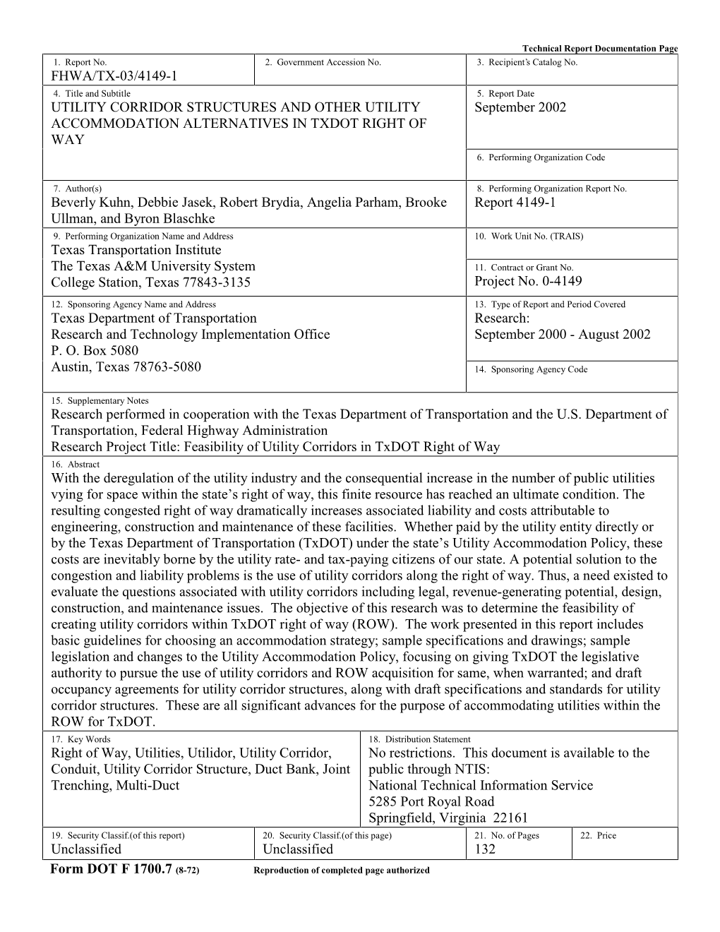 Utility Corridor Structures and Other Utility Accommodation Alternatives in Txdot Right of Way