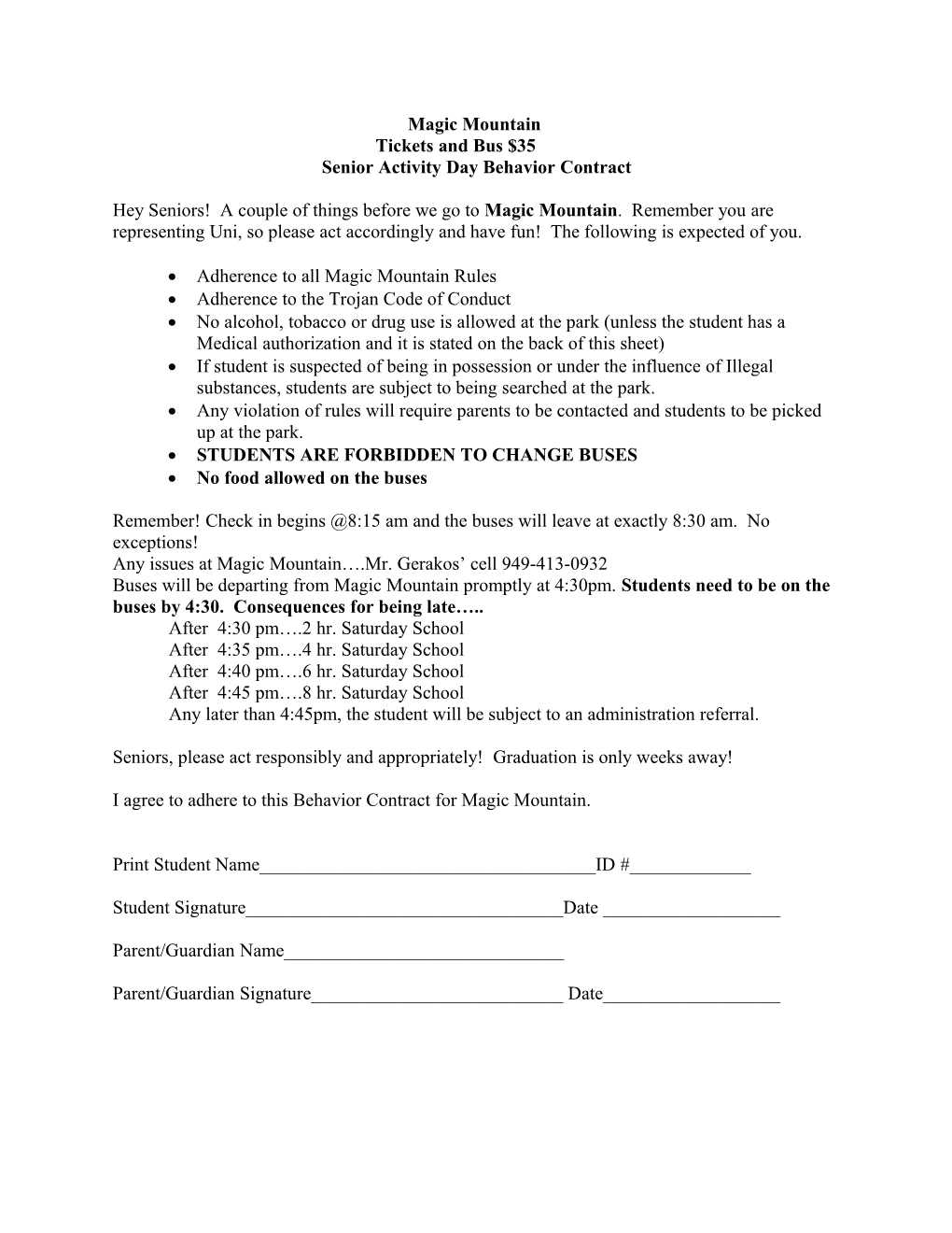 Senior Activity Day Behavior Contract