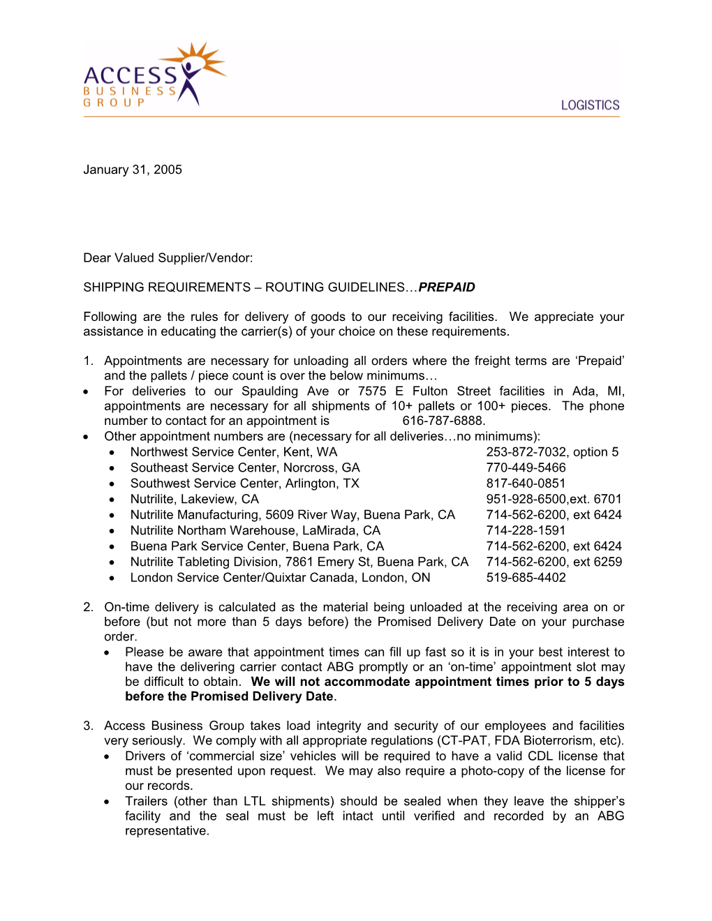 Shipping Requirements/Routing Instructions