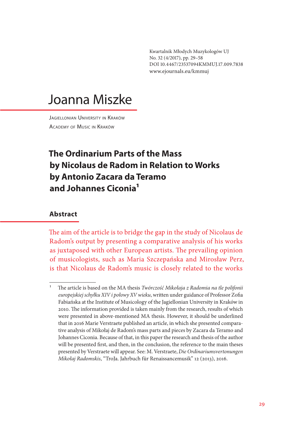 The Ordinarium Parts of the Mass by Nicolaus De Radom in Relation to Works by Antonio Zacara Da Teramo and Johannes Ciconia1