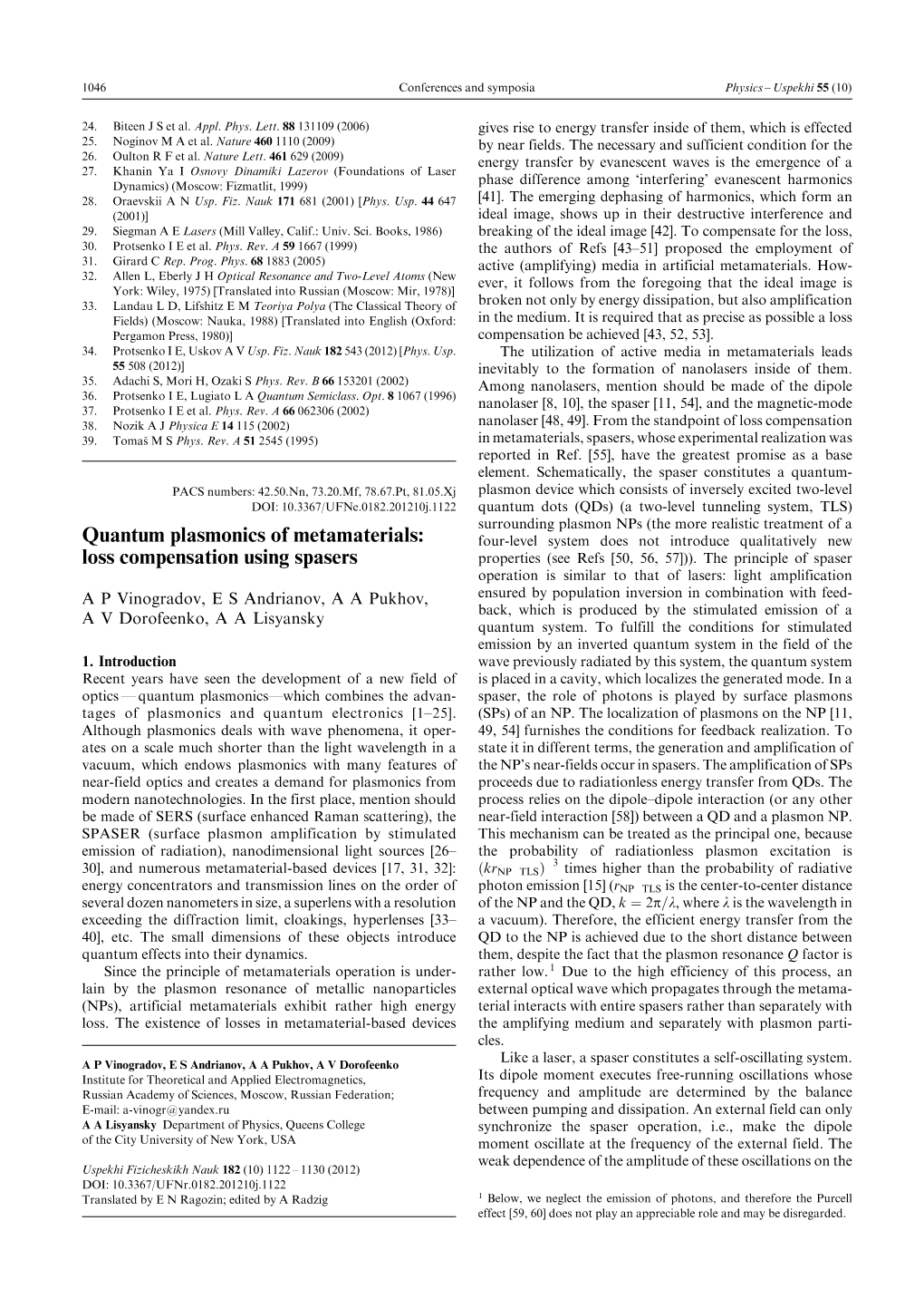 Quantum Plasmonics of Metamaterials: Loss Compensation Using Spasers