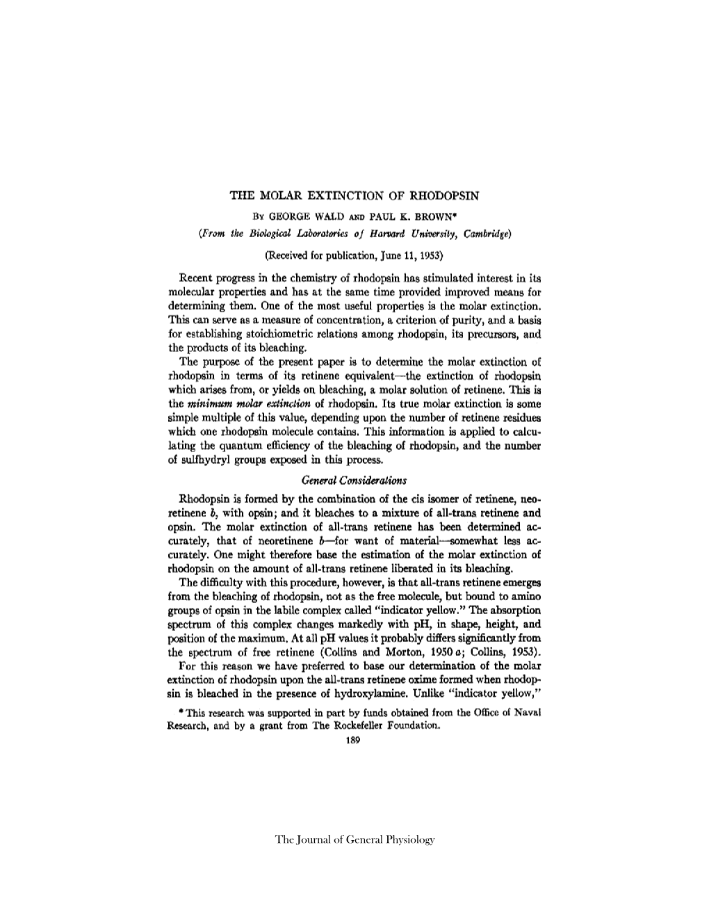 The Molar Extinction of Rhodopsin by George Wald and Paul K. Brown