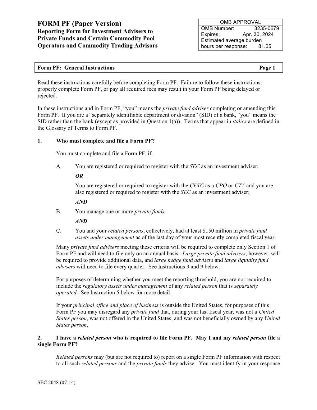 Form PF General Instructions