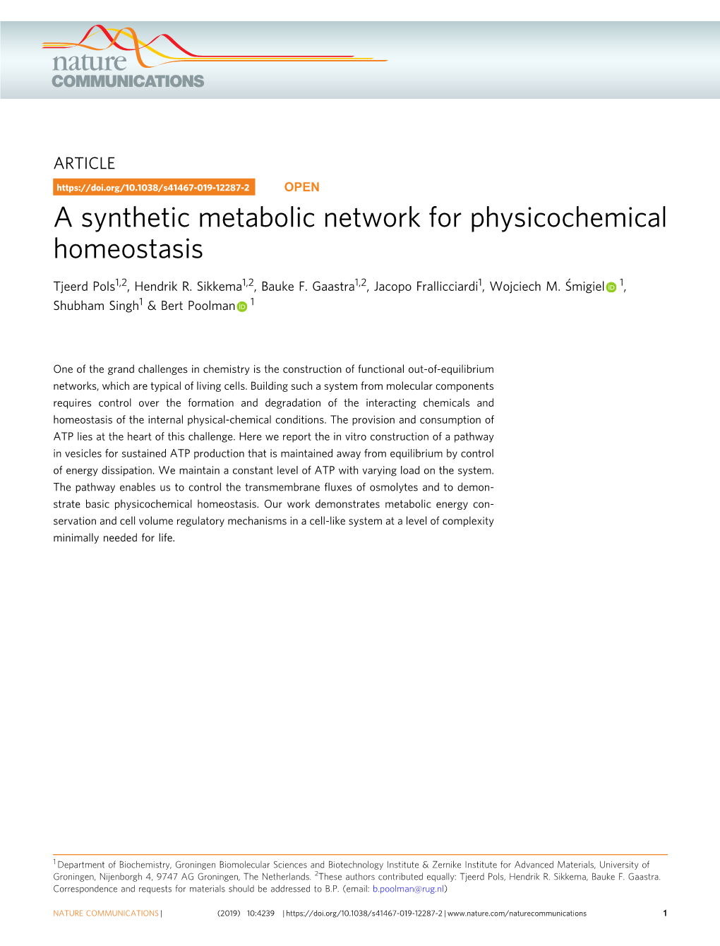 A Synthetic Metabolic Network for Physicochemical Homeostasis