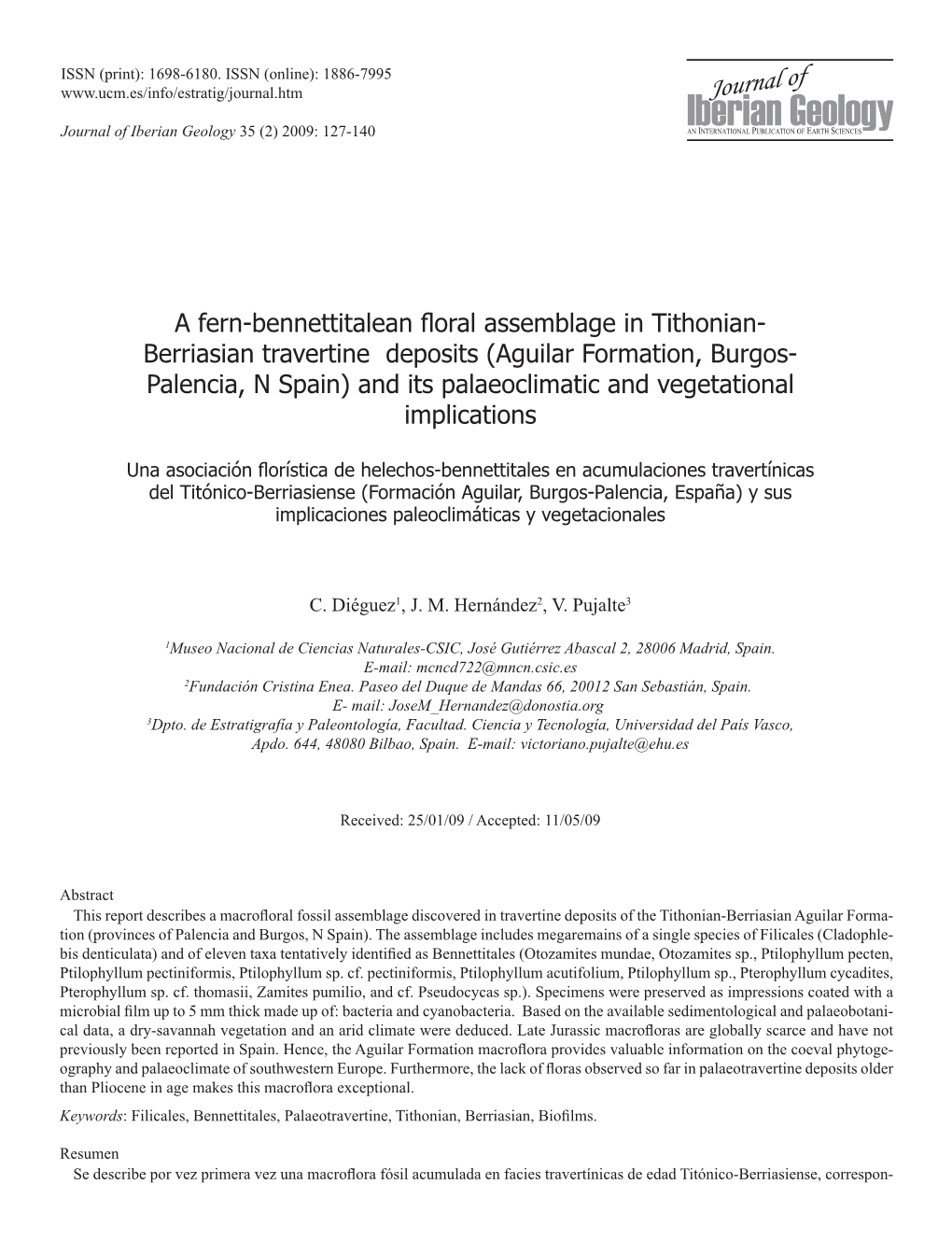 Berriasian Travertine Deposits (Aguilar Formation, Burgos- Palencia, N Spain) and Its Palaeoclimatic and Vegetational Implications