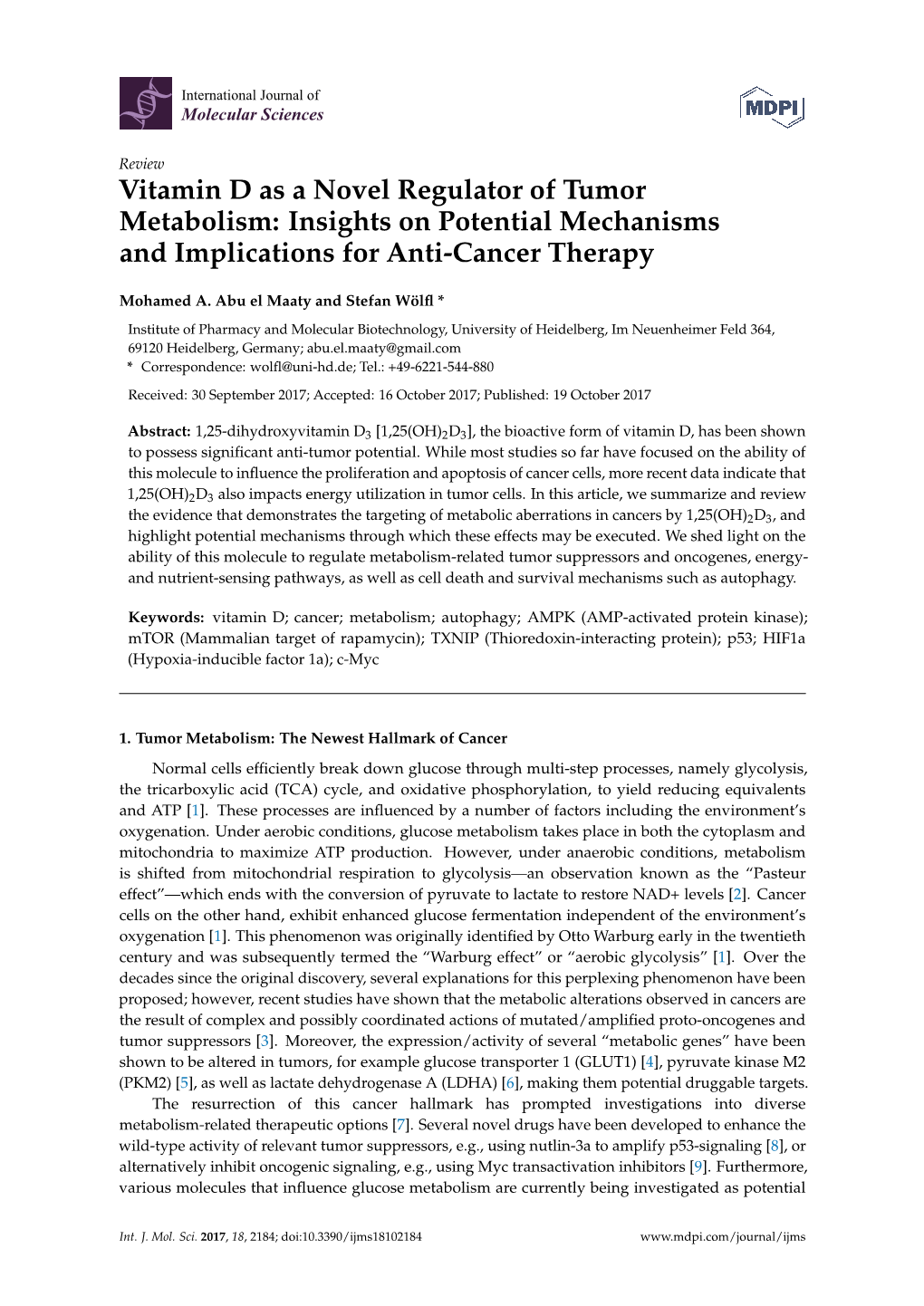 Vitamin D As a Novel Regulator of Tumor Metabolism: Insights on Potential Mechanisms and Implications for Anti-Cancer Therapy