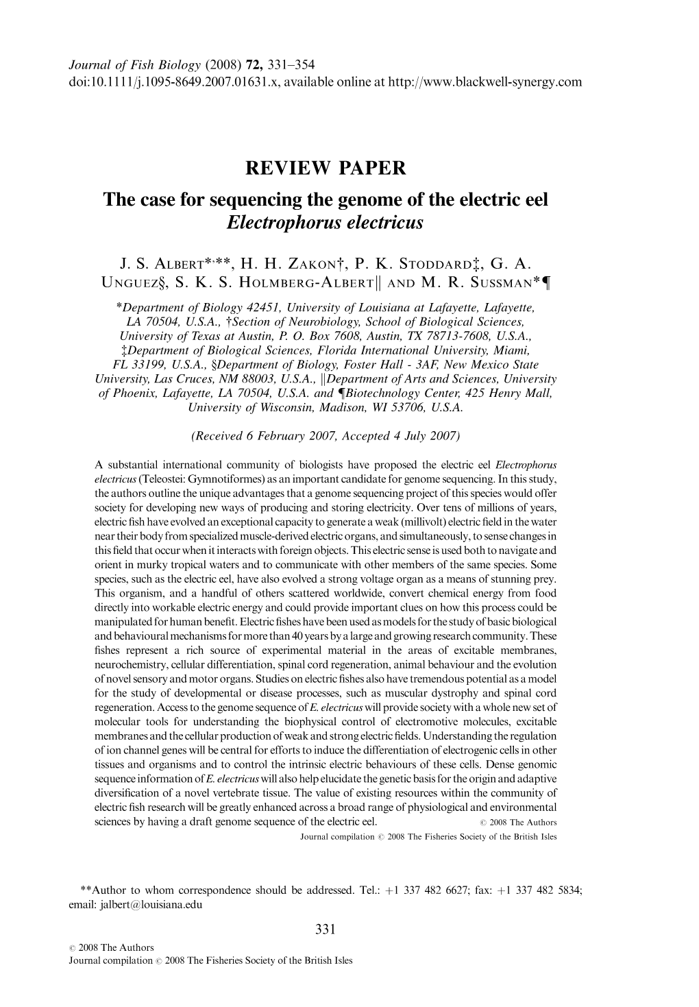 REVIEW PAPER the Case for Sequencing the Genome of the Electric Eel Electrophorus Electricus