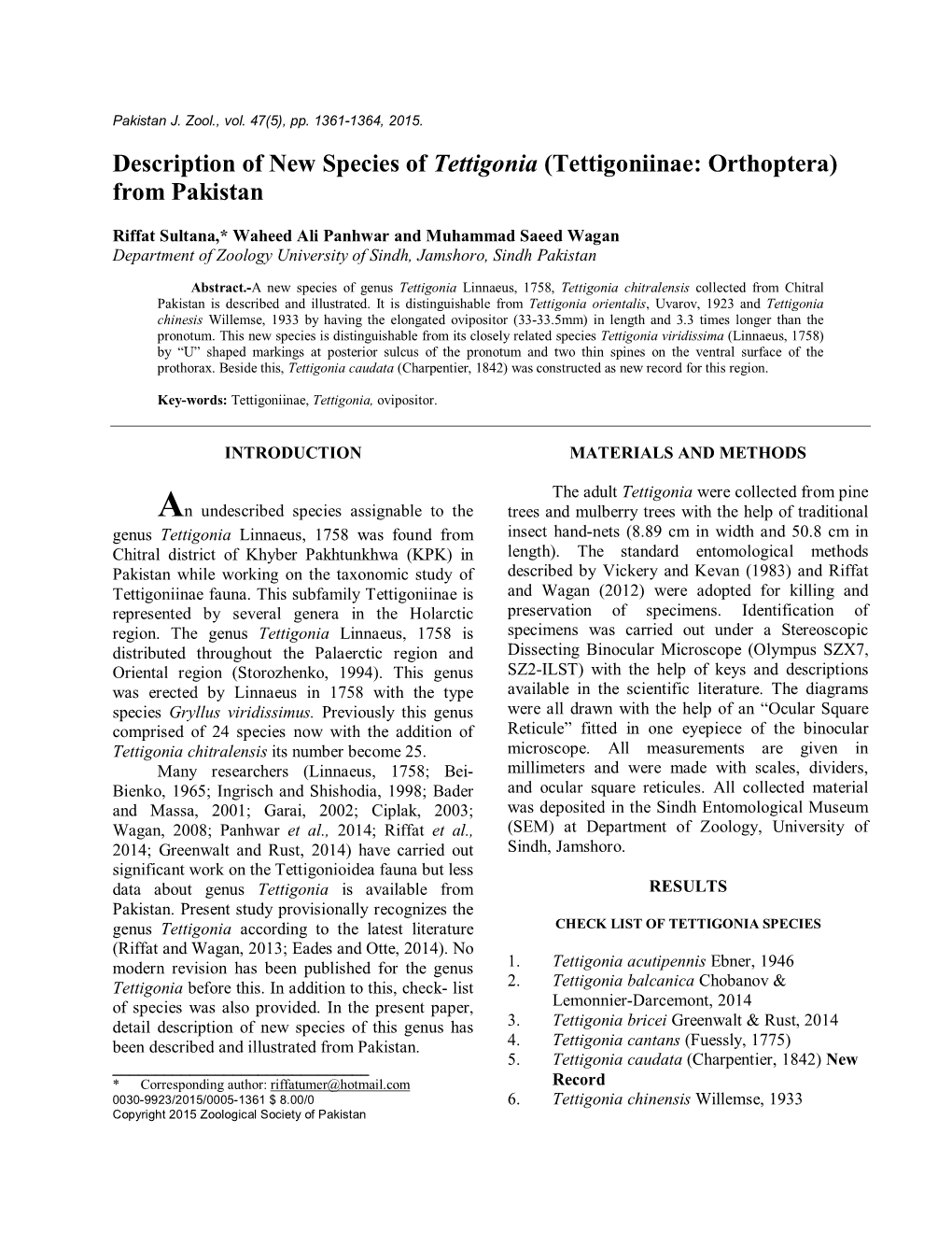 Description of New Species of Tettigonia (Tettigoniinae: Orthoptera) from Pakistan