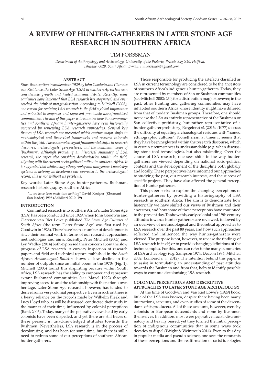 A Review of Hunter-Gatherers in Later Stone Age Research in Southern Africa