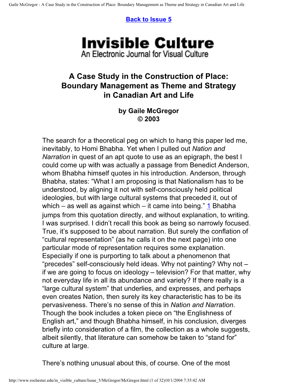 Gaile Mcgregor - a Case Study in the Construction of Place: Boundary Management As Theme and Strategy in Canadian Art and Life