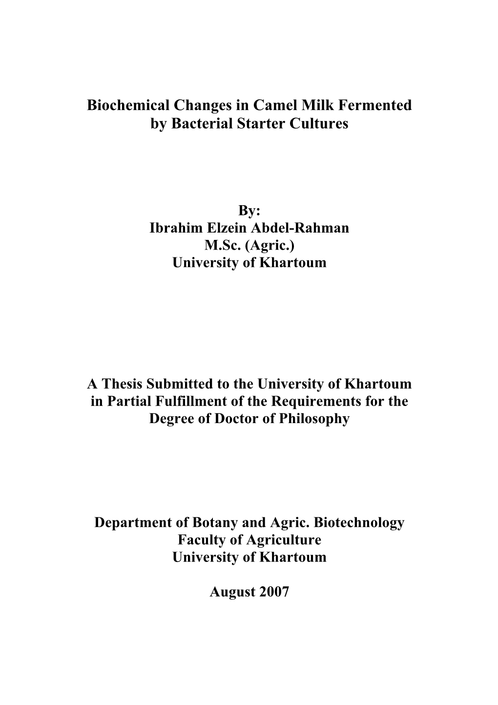 Biochemical Changes in Camel Milk Fermented by Bacterial Starter Cultures