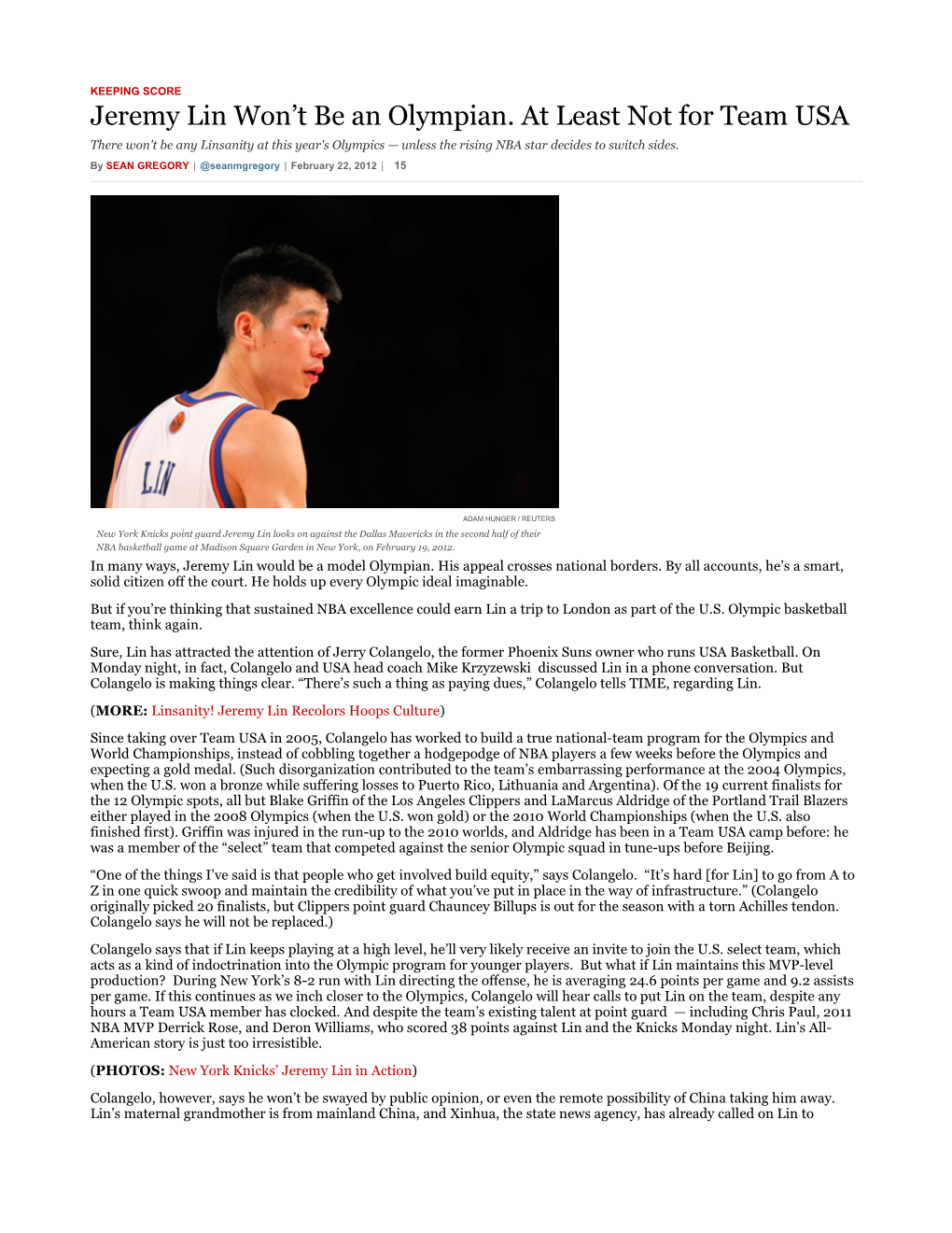 Jeremy Lin Won't Be an Olympian. at Least Not for Team